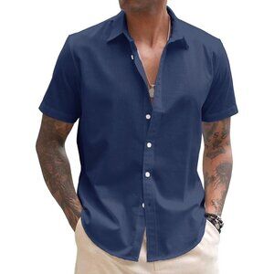 Men's Blue Linen Casual Short Sleeve Shirt Button Down Summer Beach Shirts
